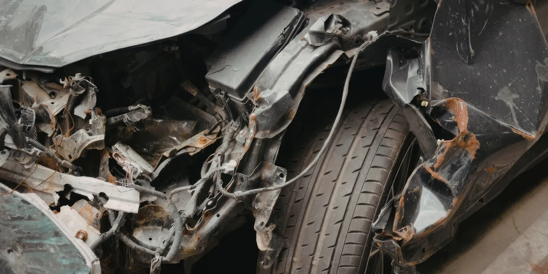 Severe front-end damage on a dark car with crushed metal and a crumpled fender.