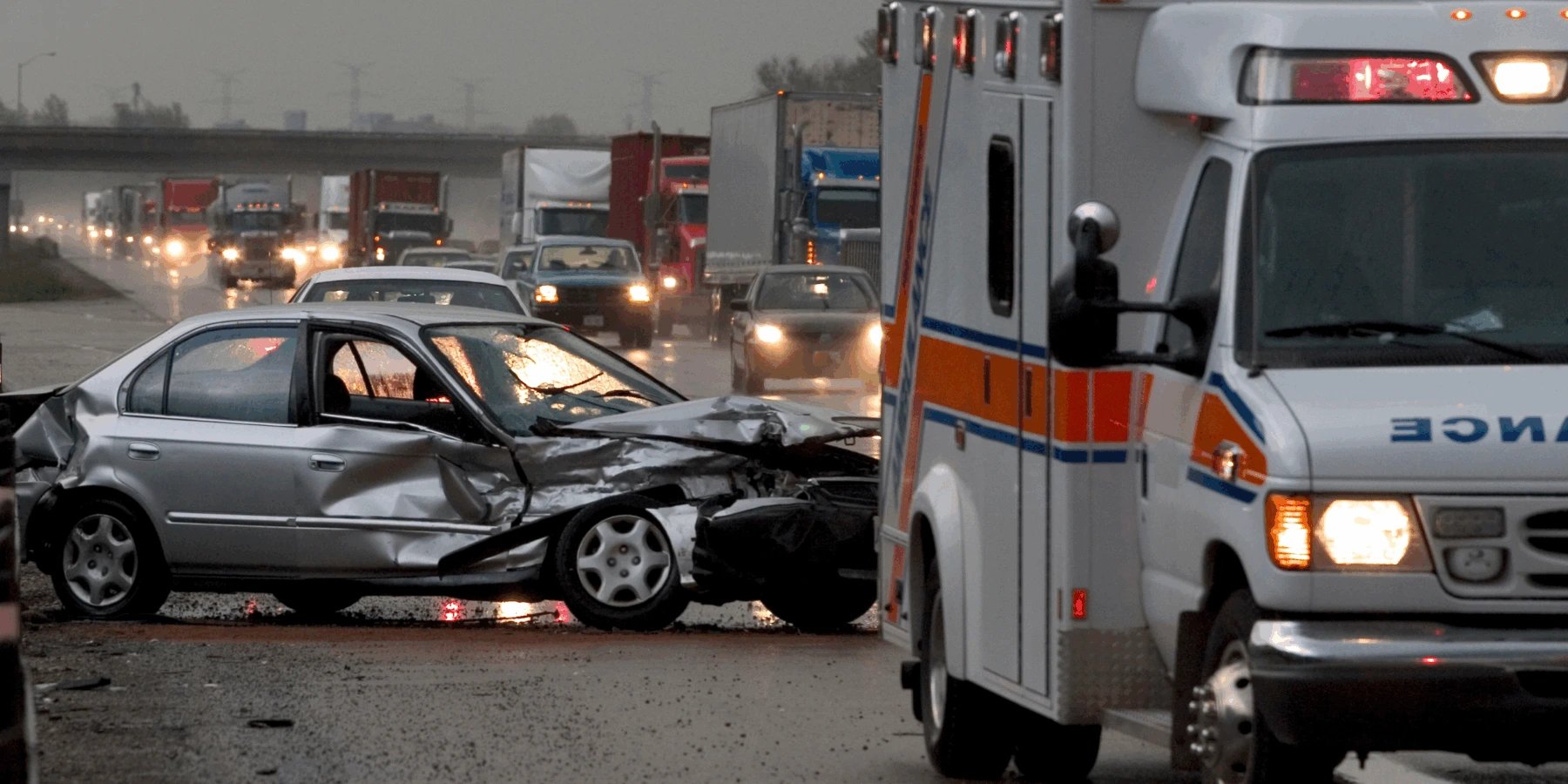 A heavily damaged silver sedan at the scene of a highway accident next to an ambulance, with traffic backed up in the background.