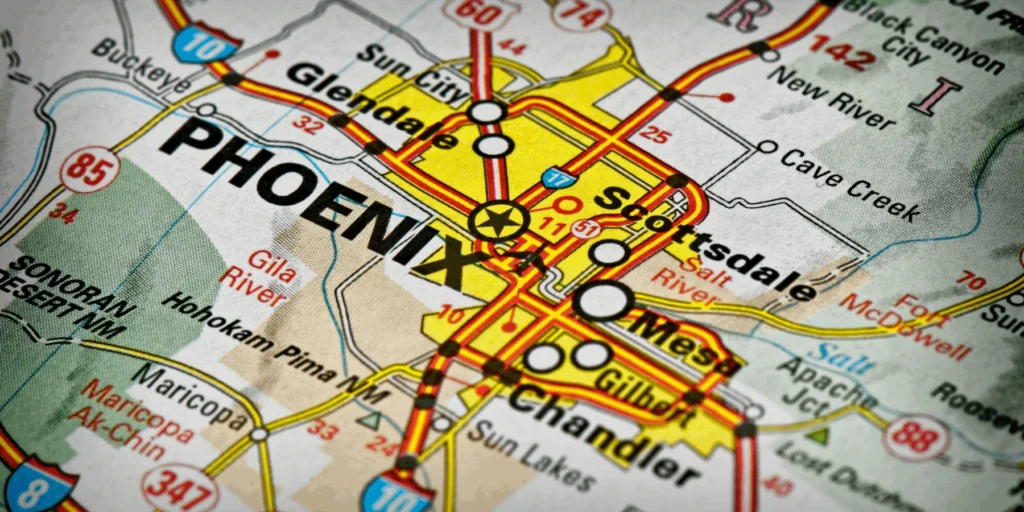 A physical road map focusing on the Phoenix metropolitan area in Arizona.