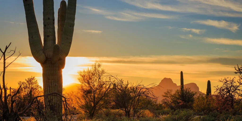 A desert landscape at sunset featuring saguaro cacti, brush, and mountain silhouettes.