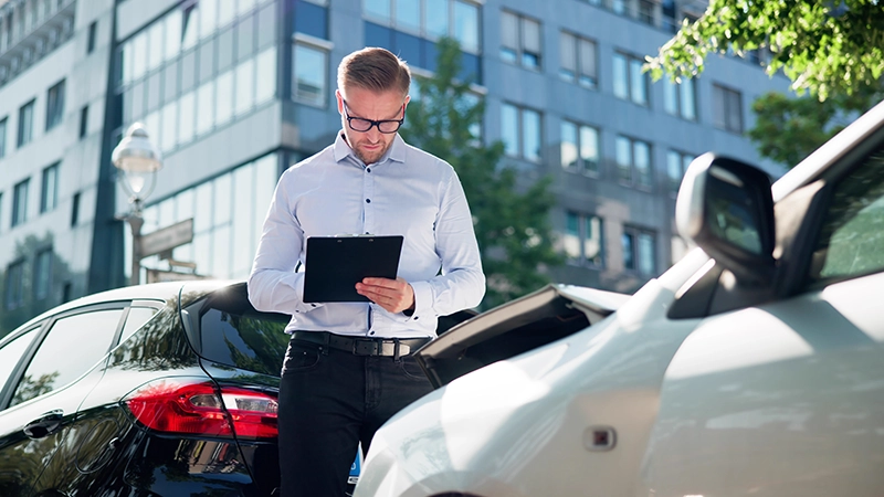 Auto insurance adjuster assessing car damage after accident claim inspection.